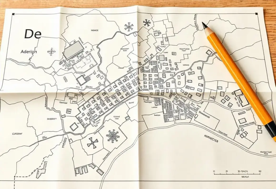 Mapa zasadnicza działki z zaznaczonymi budynkami, drogami i nazwami terenów. Obok leży żółty ołówek.