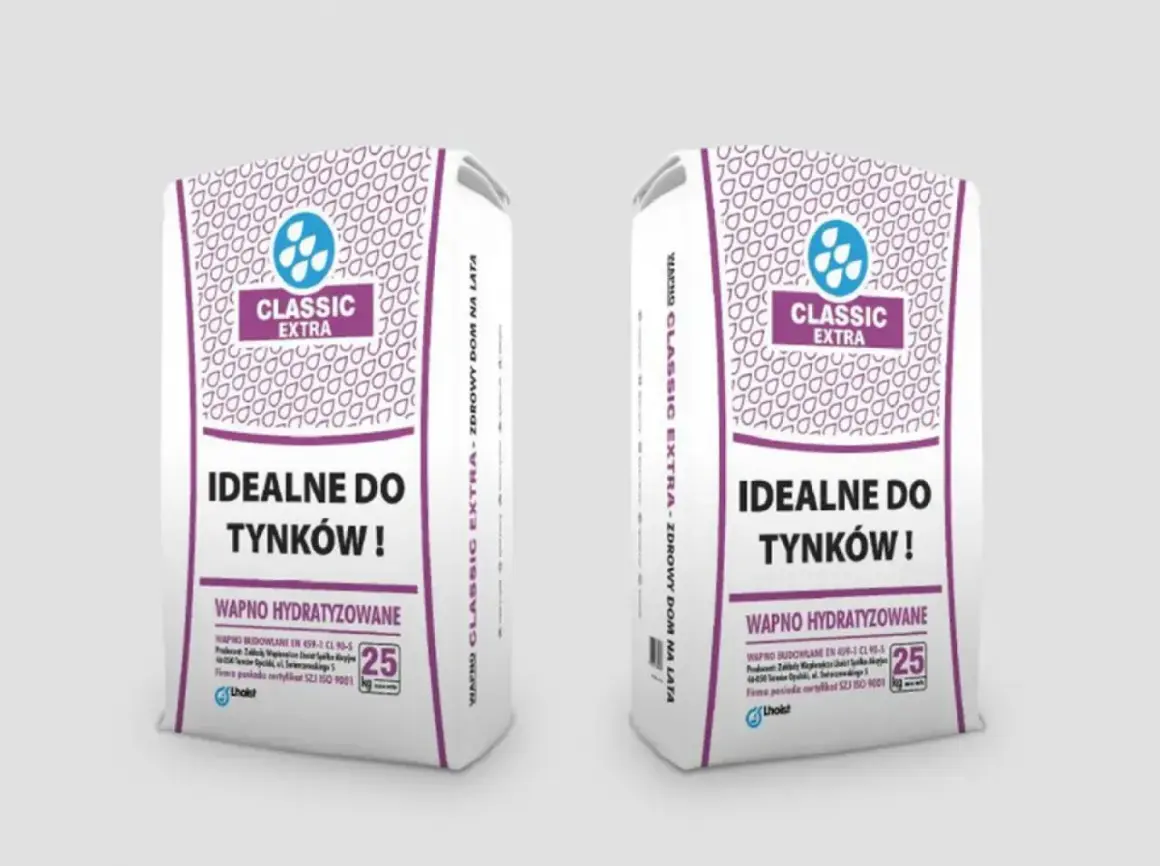 Dwie torby wapna budowlanego Classic Extra, idealne do tynków. Produkt wapno hydratyzowane, 25 kg.