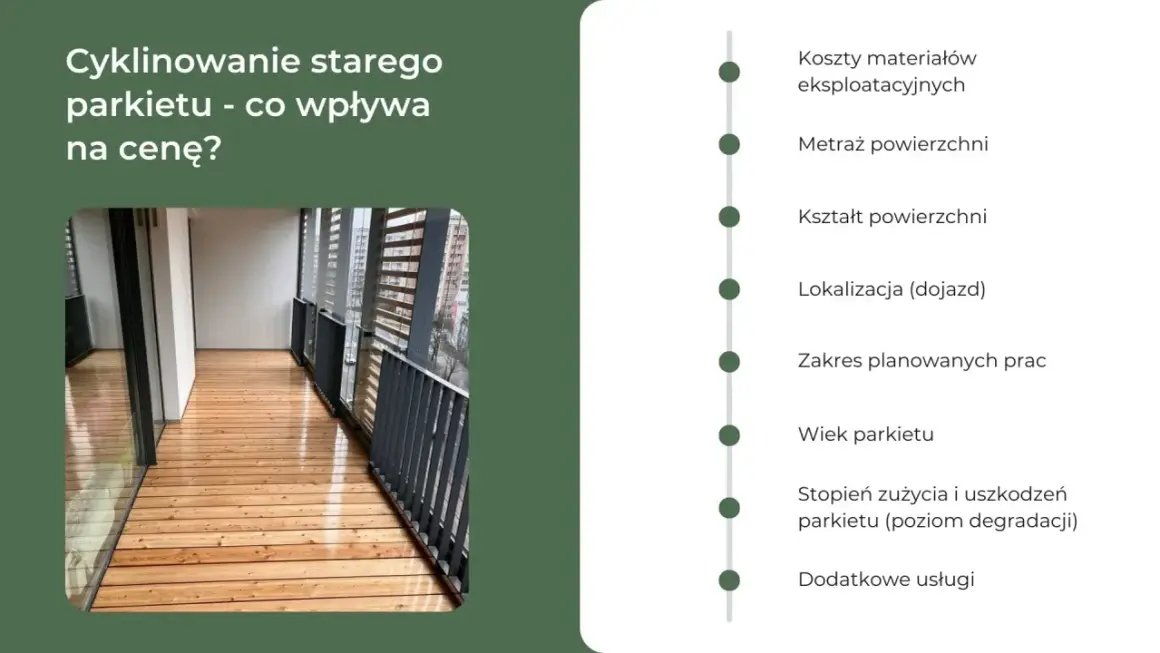 Cyklinowanie parkietu: poznaj czynniki wpływające na cenę. Od materiałów po wiek parkietu, wszystko ma znaczenie.
