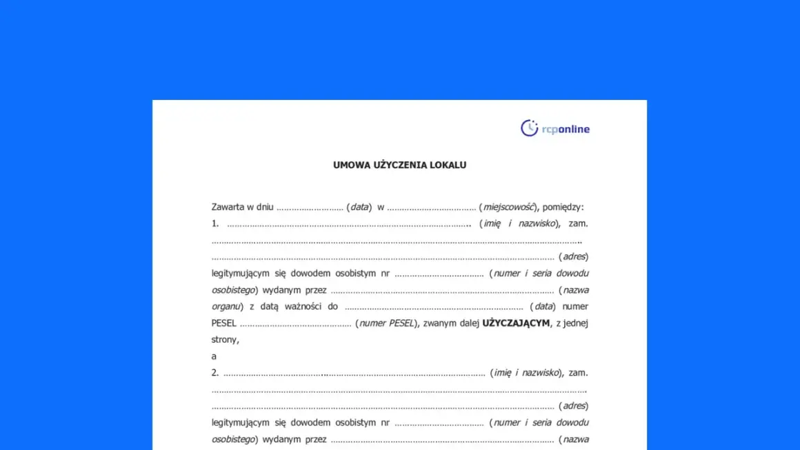 Formularz umowy użyczenia lokalu, zawierający pola do wpisania danych stron, daty i miejsca zawarcia umowy.