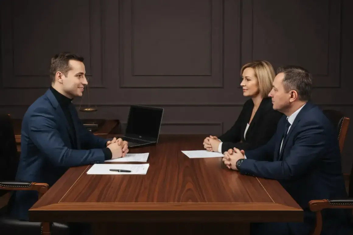 Notariusz omawia akt notarialny mieszkania z klientami przy drewnianym stole.
