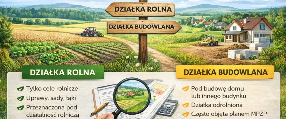 Rozdroże dróg: z jednej strony działka rolna z traktorem i uprawami, z drugiej działka budowlana z domem w budowie.