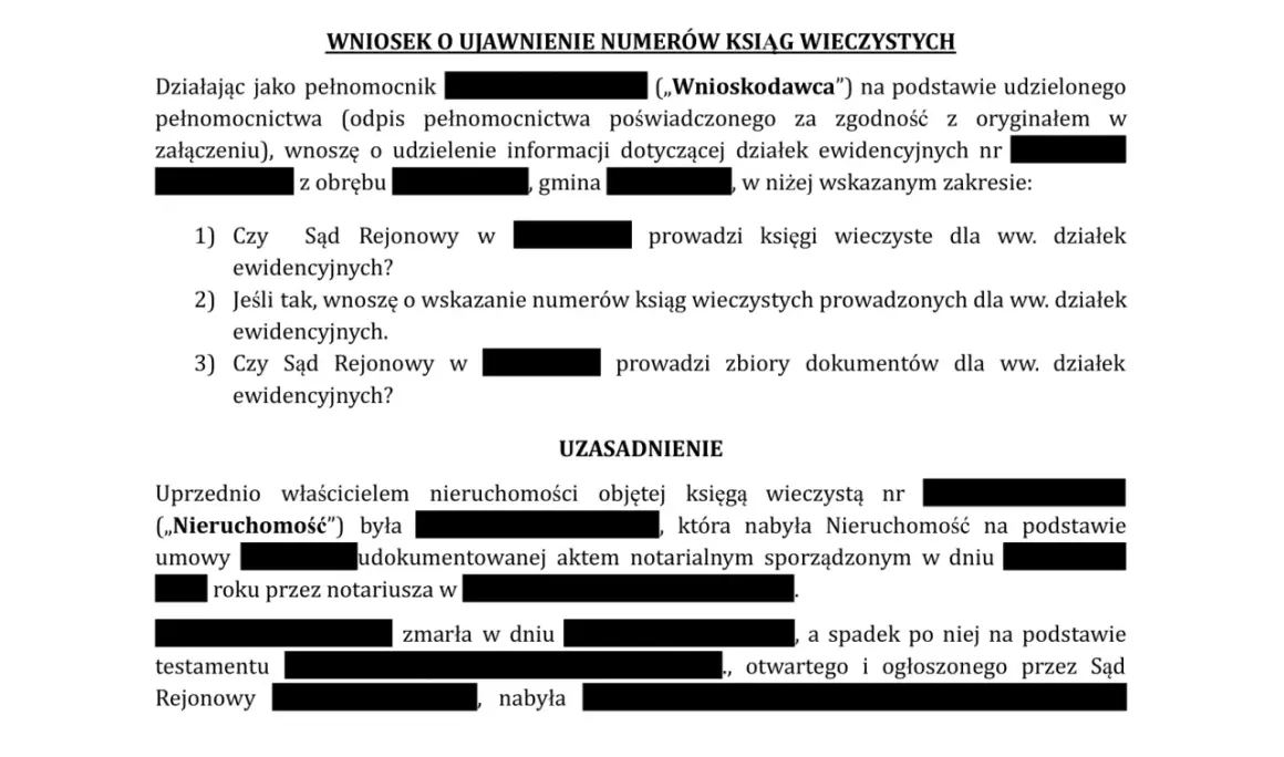 Wniosek o ujawnienie numerów ksiąg wieczystych. Jak sprawdzić numer księgi wieczystej? Dokument zawiera pytania do sądu o prowadzenie ksiąg wieczystych i zbiorów dokumentów.