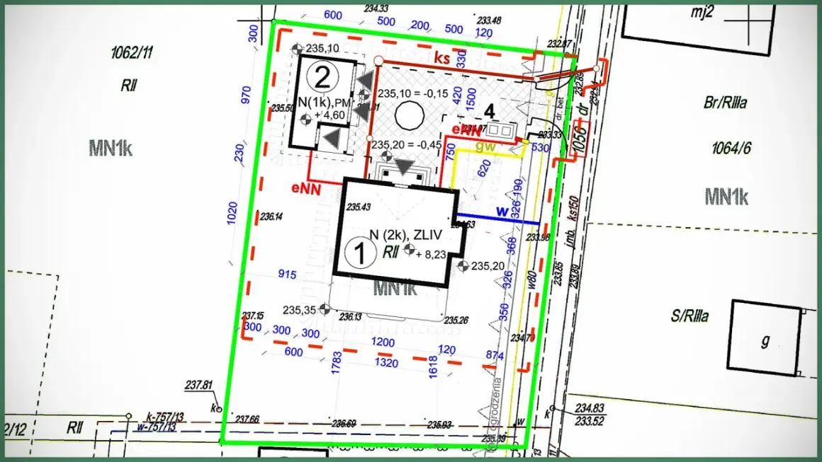 Mapa do celów projektowych cena: szczegółowy plan działki z oznaczeniami budynków, sieci i granic.