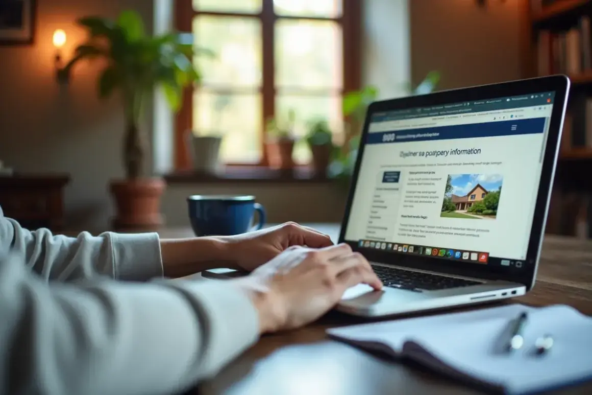 Osoba szuka w internecie informacji, jak znaleźć właściciela działki za darmo. Na ekranie laptopa widoczny jest artykuł o nieruchomościach.