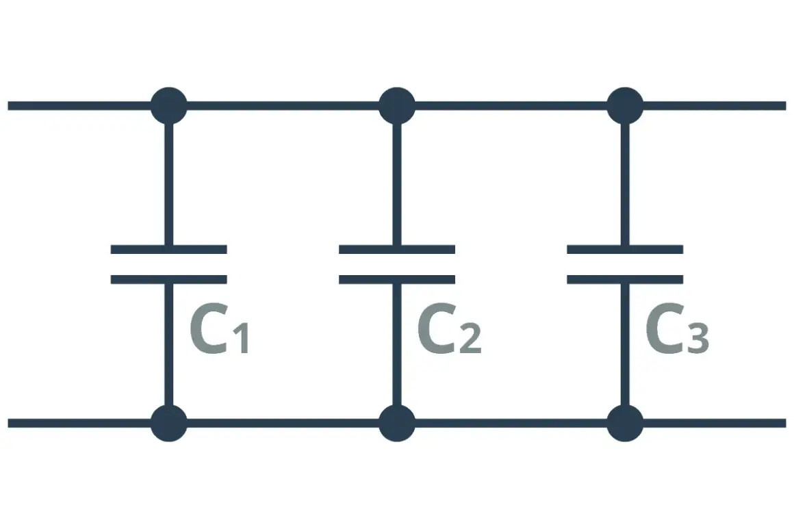 Schemat obwodu elektrycznego: trzy kondensatory C1, C2, C3 połączone równolegle.