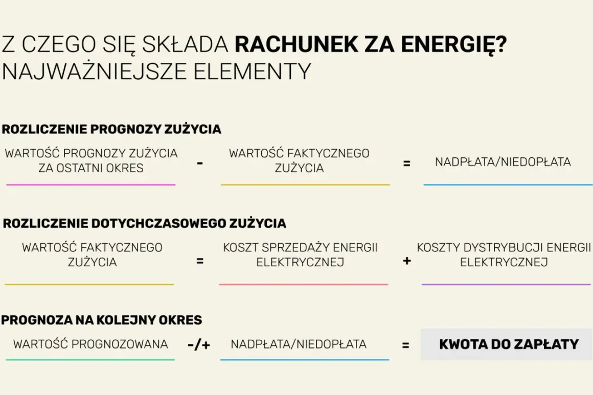 Schemat rozliczenia rachunku za prąd: prognoza zużycia, faktyczne zużycie, koszty energii i dystrybucji, nadpłata/niedopłata, kwota do zapłaty.