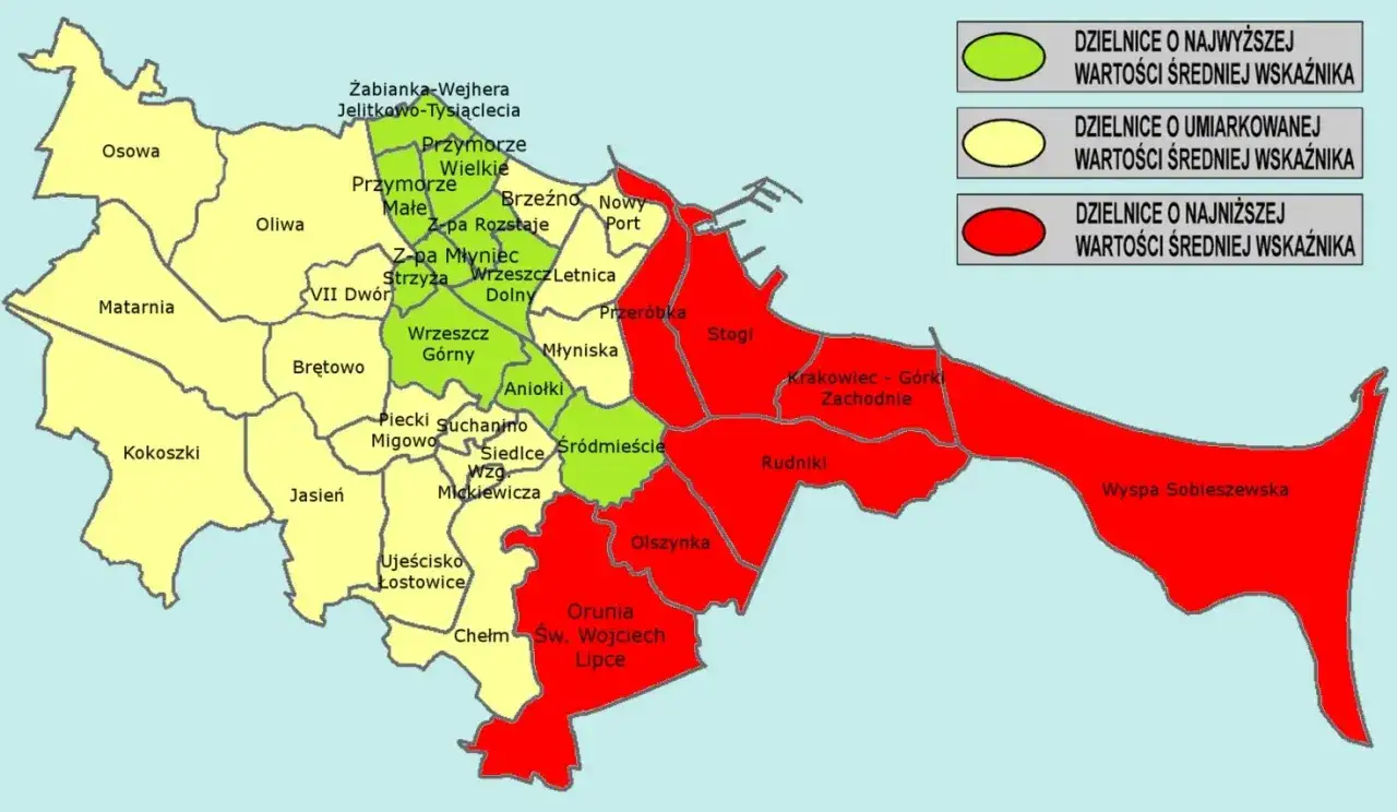 Mapa Gdańska z podziałem na dzielnice i ich wskaźnikami cen mieszkań. Zielone to najwyższe ceny, żółte umiarkowane, a czerwone najniższe.