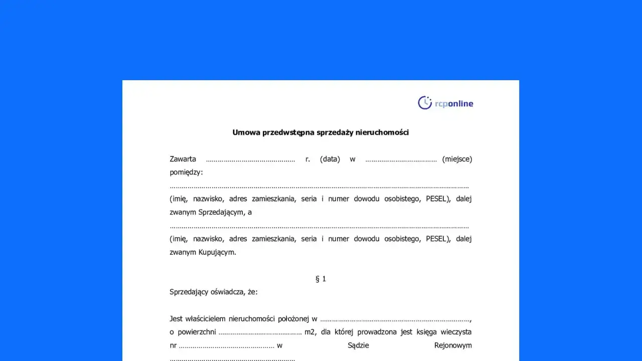 Umowa przedwstępna sprzedaży nieruchomości, zawierająca dane sprzedającego i kupującego, powierzchnię działki oraz numer księgi wieczystej.