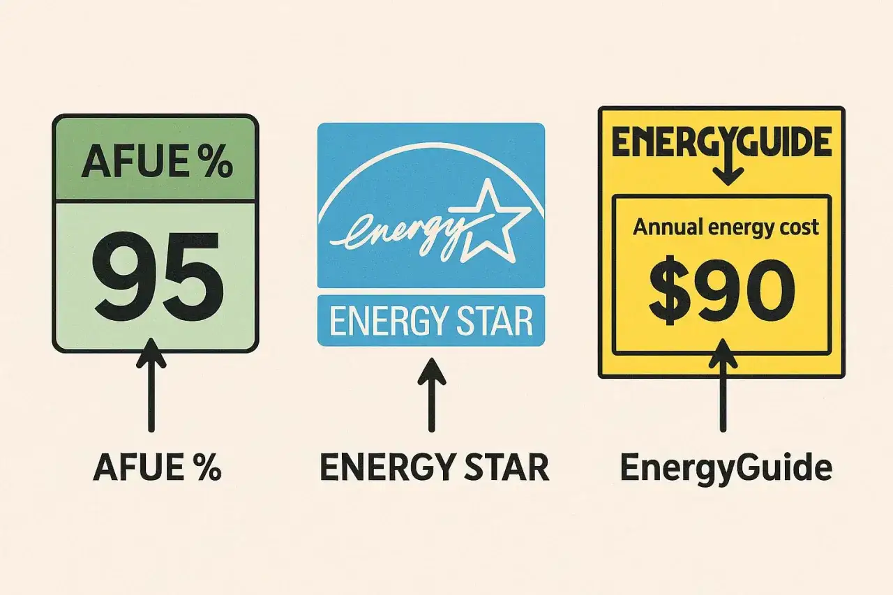 Wskaźnik AFUE 95%, logo Energy Star i EnergyGuide z rocznym kosztem energii 90$.