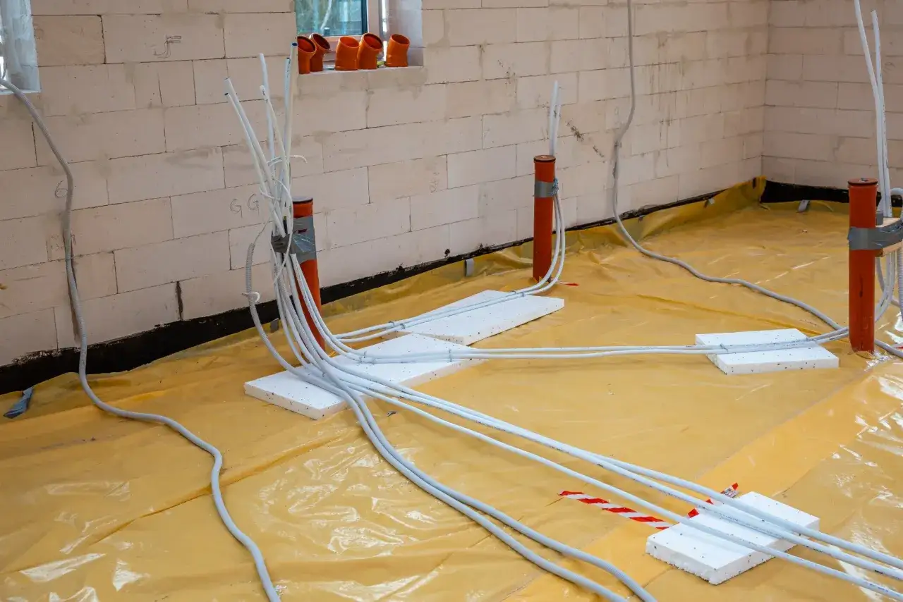 Na budowie widać białe peszle z przewodami, ułożone na żółtej folii izolacyjnej. Pomarańczowe rury wystają z podłogi, prowadząc instalację.