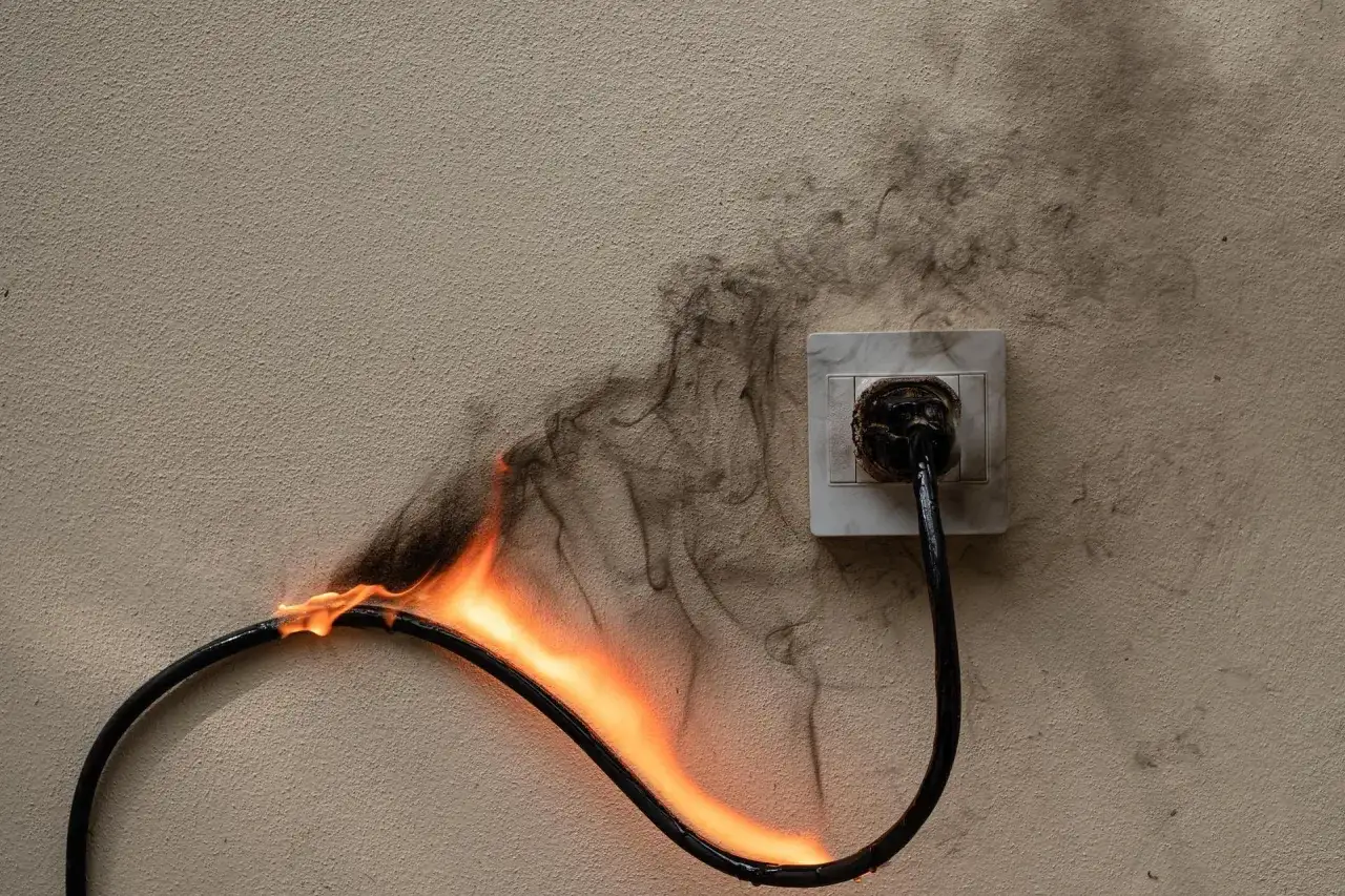 Płonący kabel wychodzący z gniazdka, czarny dym unosi się po ścianie. Zerowanie gniazdka to poważne zagrożenie.