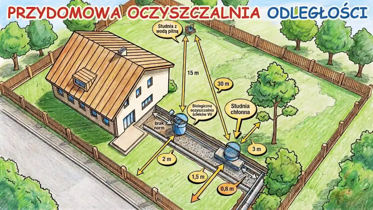 Schemat przydomowej oczyszczalni ścieków pokazuje odległości od domu do studni chłonnej (30m) i studni z wodą pitną (15m).