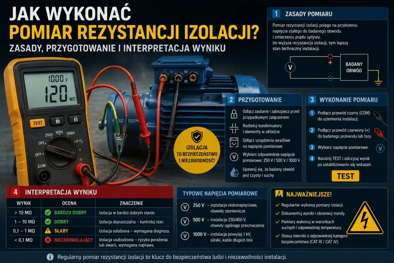 Pomiar rezystancji izolacji silnika elektrycznego za pomocą miernika. Instrukcja krok po kroku: przygotowanie, wykonanie i interpretacja wyników.