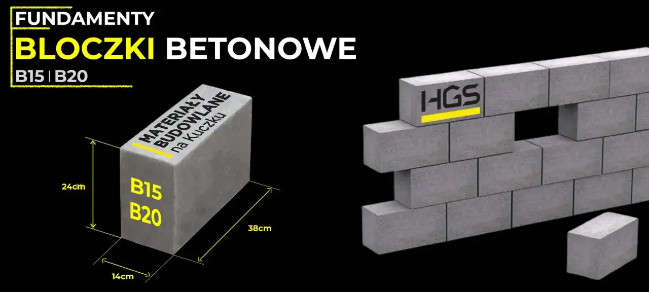 Bloczki betonowe B15 i B20 do fundamentów. Wymiary: 38x24x14 cm. Solidne materiały budowlane na Kuczkę.
