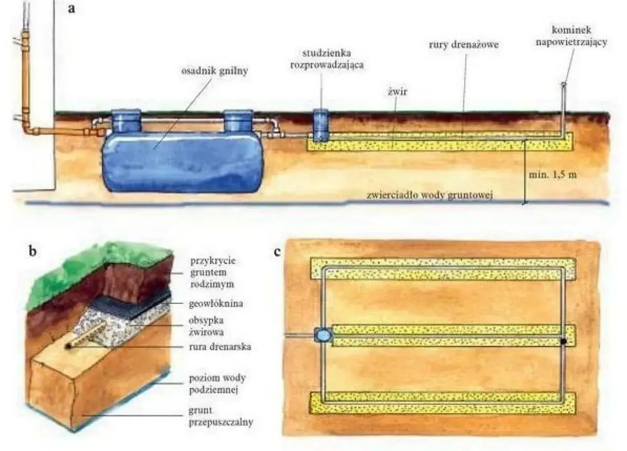 Schemat instalacji rozsączającej ścieki: osadnik gnilny, studzienka rozprowadzająca, rury drenarskie i żwir tworzą system rozsączający, który działa jak studnia chłonna.