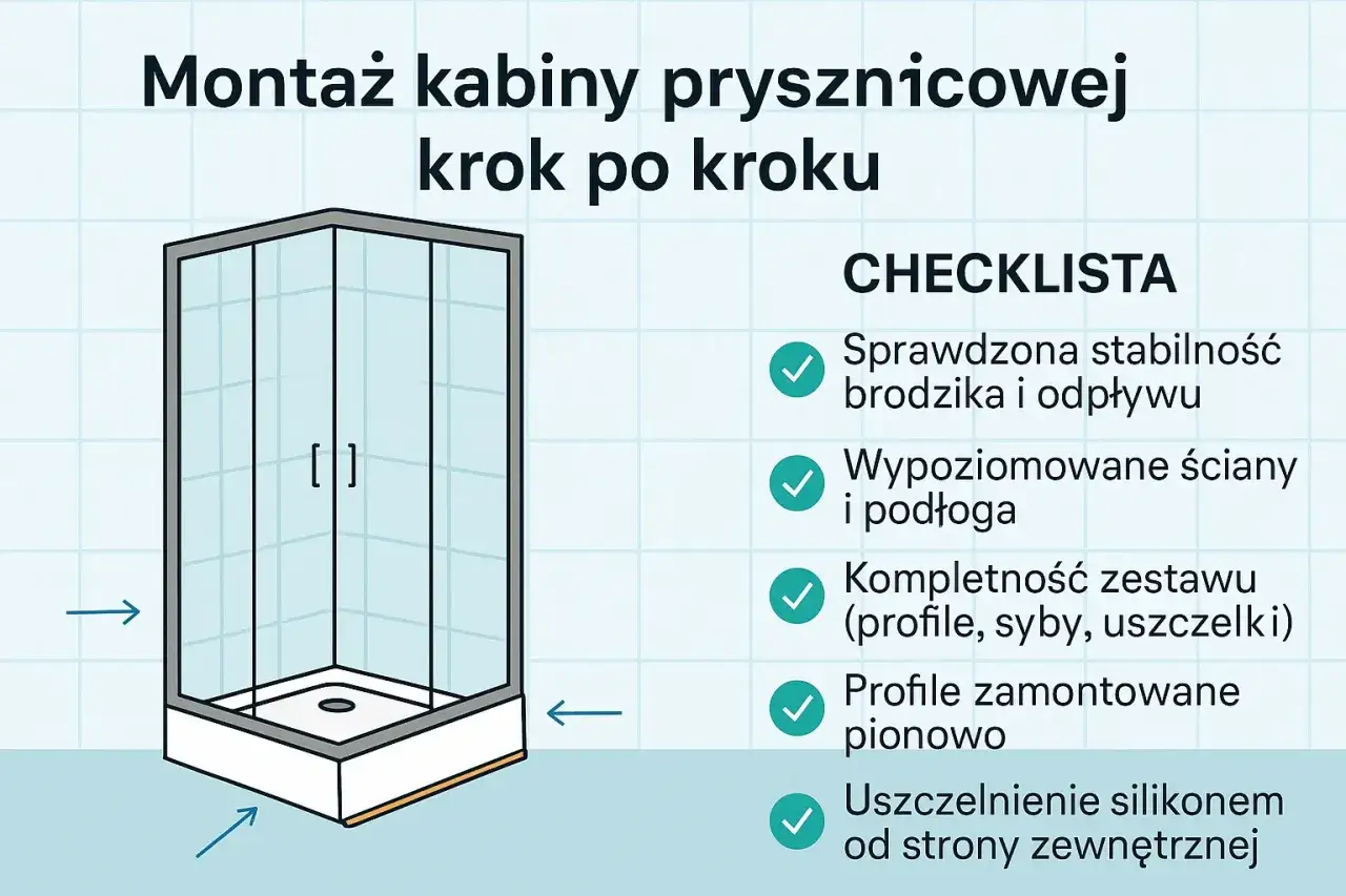 Ilustracja przedstawia montaż kabiny prysznicowej krok po kroku. Sprawdź checklistę, aby poznać cenę montażu kabiny prysznicowej.