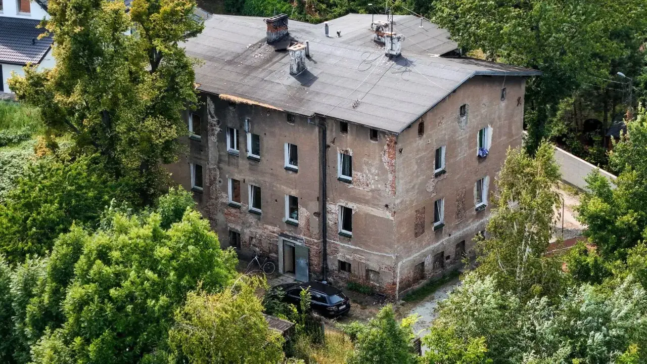 Stary budynek z widocznymi śladami zniszczeń, otoczony zielenią. Może to być potencjalne mieszkanie bezczynszowe dla osób szukających alternatywy.