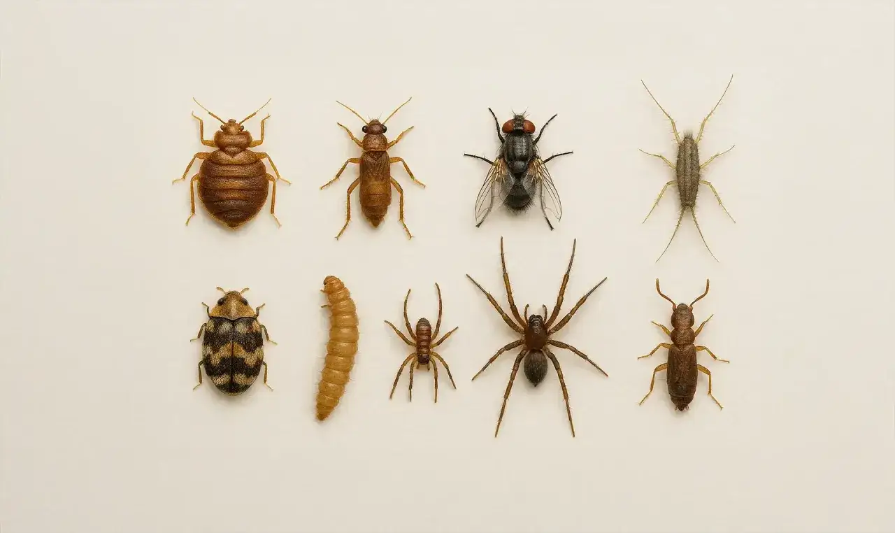 Kolekcja insekty domowe: pluskwa, rybik, mucha, larwa, pająk i inne.