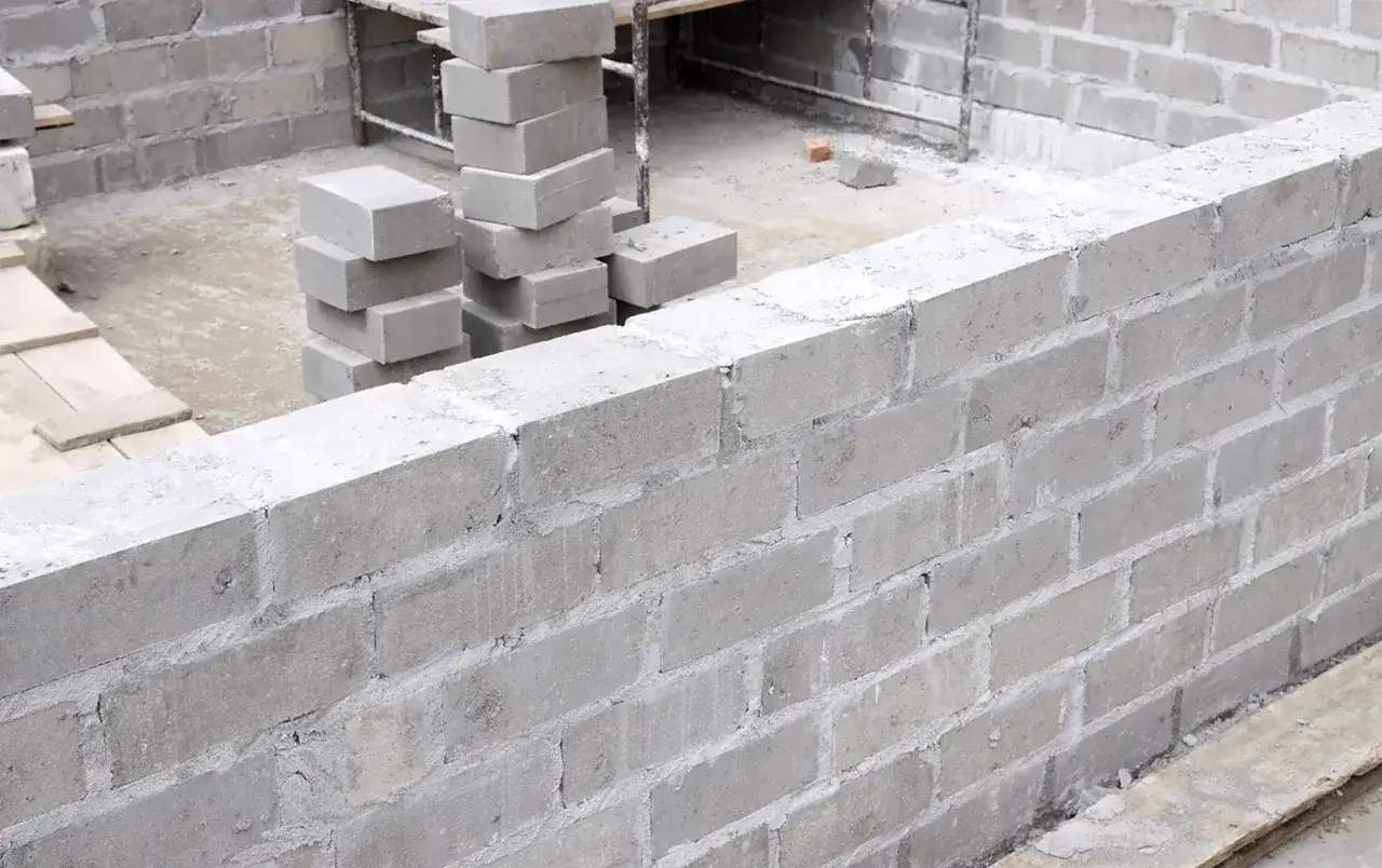 Ściana z bloczków fundamentowych, stosy pustaków czekają na montaż. Wymiary bloczków są standardowe.