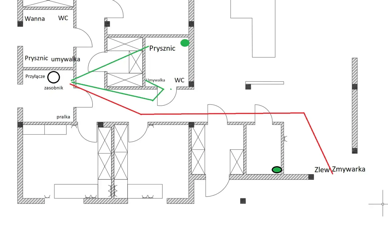 Plan łazienki z zaznaczonym punktem hydraulicznym. Cena robocizny zależy od złożoności instalacji.