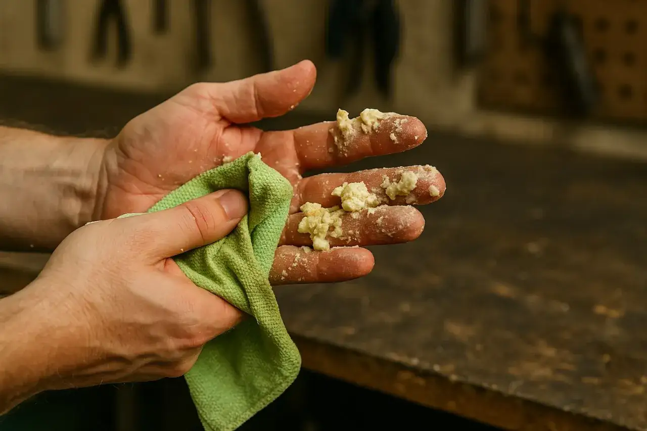 Ręce ubrudzone pianką montażową. Zielona ściereczka pomaga w czyszczeniu, pokazując, czym zmyć piankę montażową.