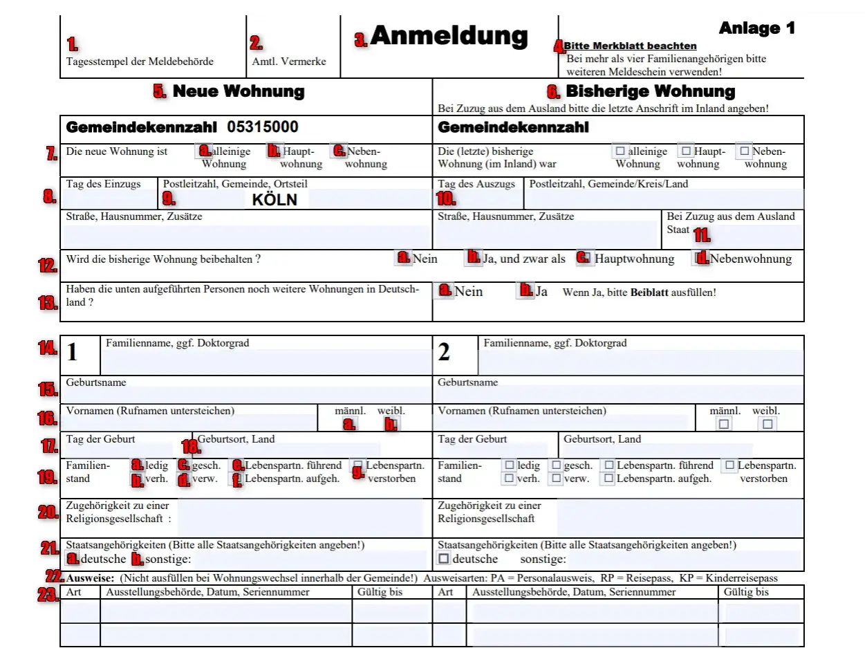 Formular zur Anmeldung einer neuen Wohnung in Köln. Ob Pflicht zur Meldung besteht, wird hier geklärt.