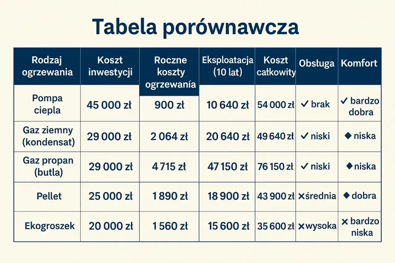 Tabela porównawcza rodzajów ogrzewania domu: pompa ciepła, gaz ziemny, gaz propan, pellet, ekogroszek. Dane obejmują koszty inwestycji, roczne, eksploatacji, całkowite, obsługę i komfort.