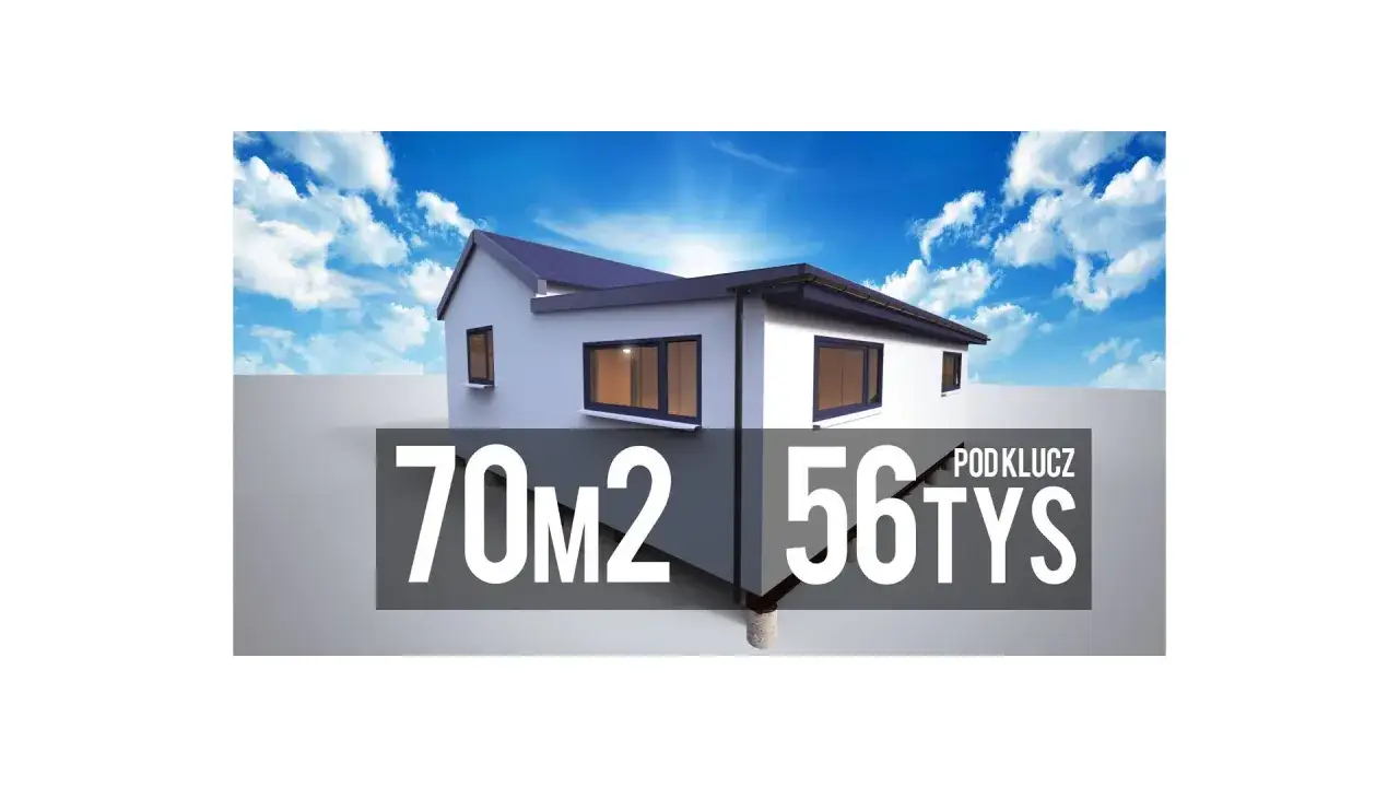 Koszt budowy domu 70m2 pod klucz to 56 tysięcy. Nowoczesny, biały dom z ciemnym dachem i oknami, na tle błękitnego nieba z chmurami.