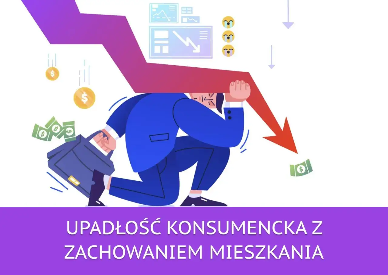Upadłość konsumencka a czy syndyk może wyrzucić z mieszkania. Mężczyzna w garniturze przygniata go strzałka spadku, symbolizująca problemy finansowe.