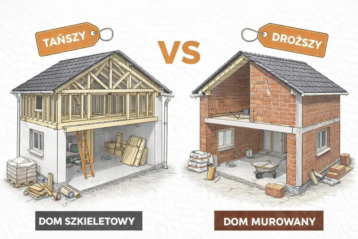 Porównanie budowy domu szkieletowego i murowanego. Dom szkieletowy tańszy, murowany droższy.