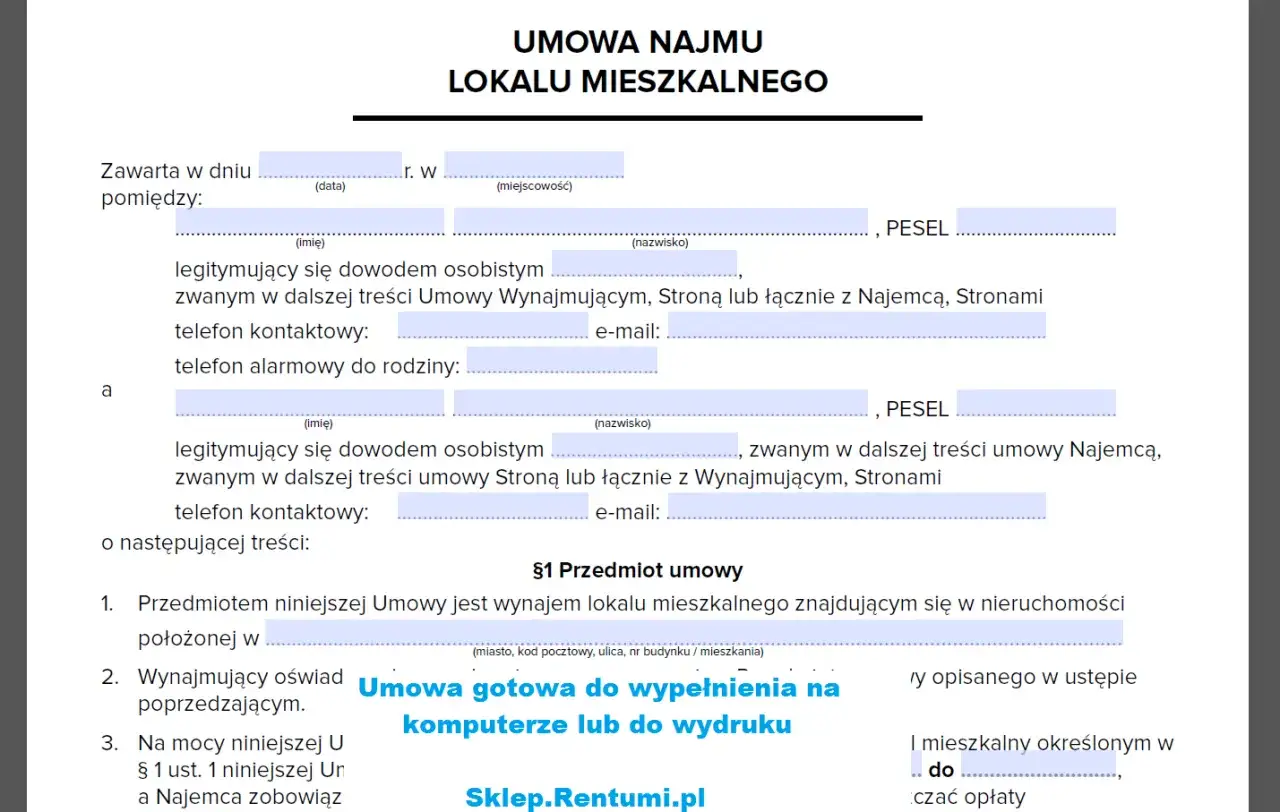 Umowa najmu lokalu mieszkalnego, gotowa do wypełnienia na komputer lub wydruku. Dokument reguluje zasady najmu instytucjonalnego.