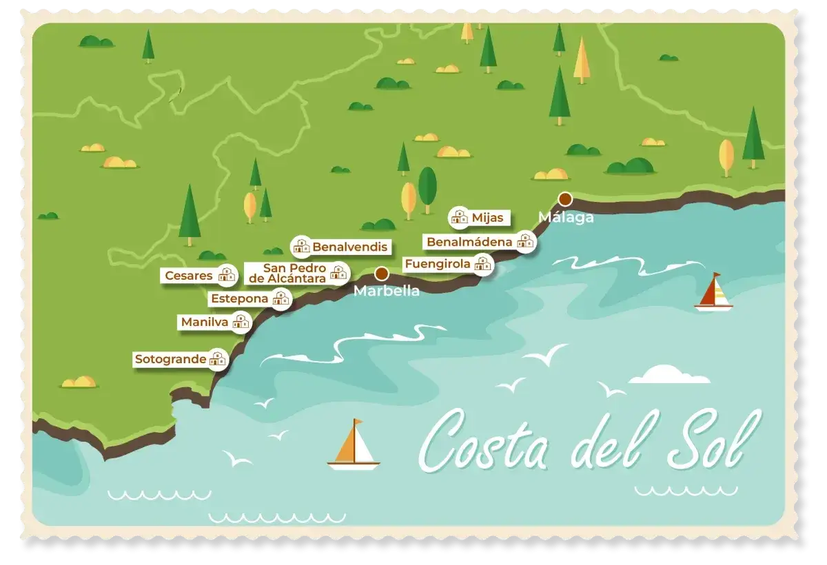 Mapa Costa del Sol z zaznaczonymi miejscowościami. Szukasz tu swojego wymarzonego domu w Hiszpanii? Cena zależy od lokalizacji!