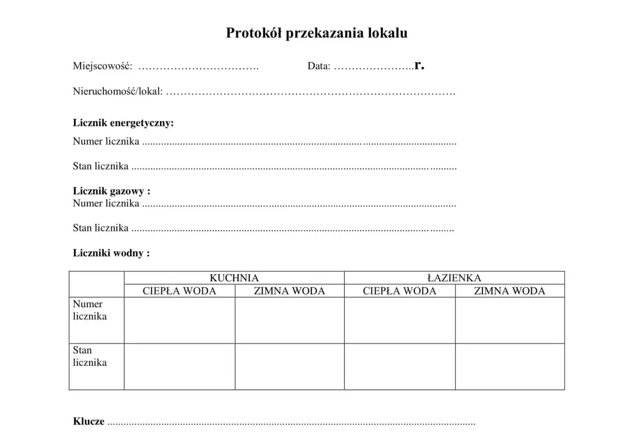 Protokół przekazania lokalu, zawiera pola na dane wynajmującego, liczniki (energetyczny, gazowy, wodne) oraz klucze.