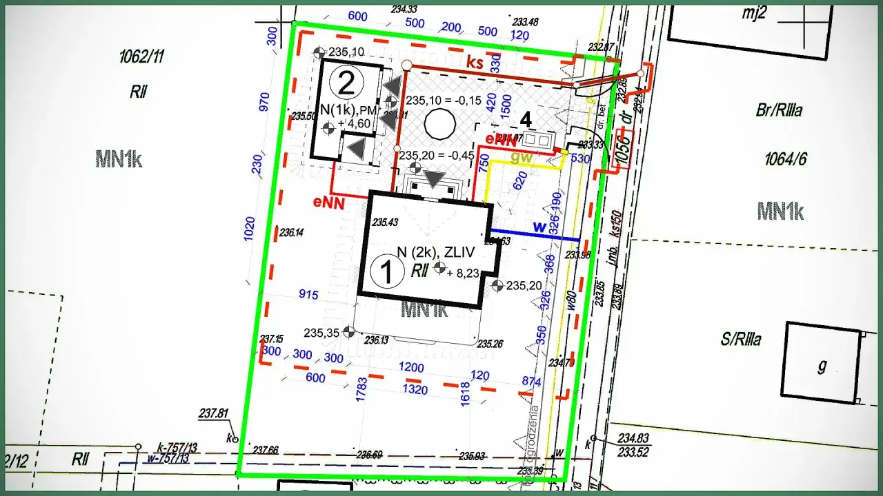 Mapa do celów projektowych cena: szczegółowy plan działki z oznaczeniami budynków, granic i wysokości.