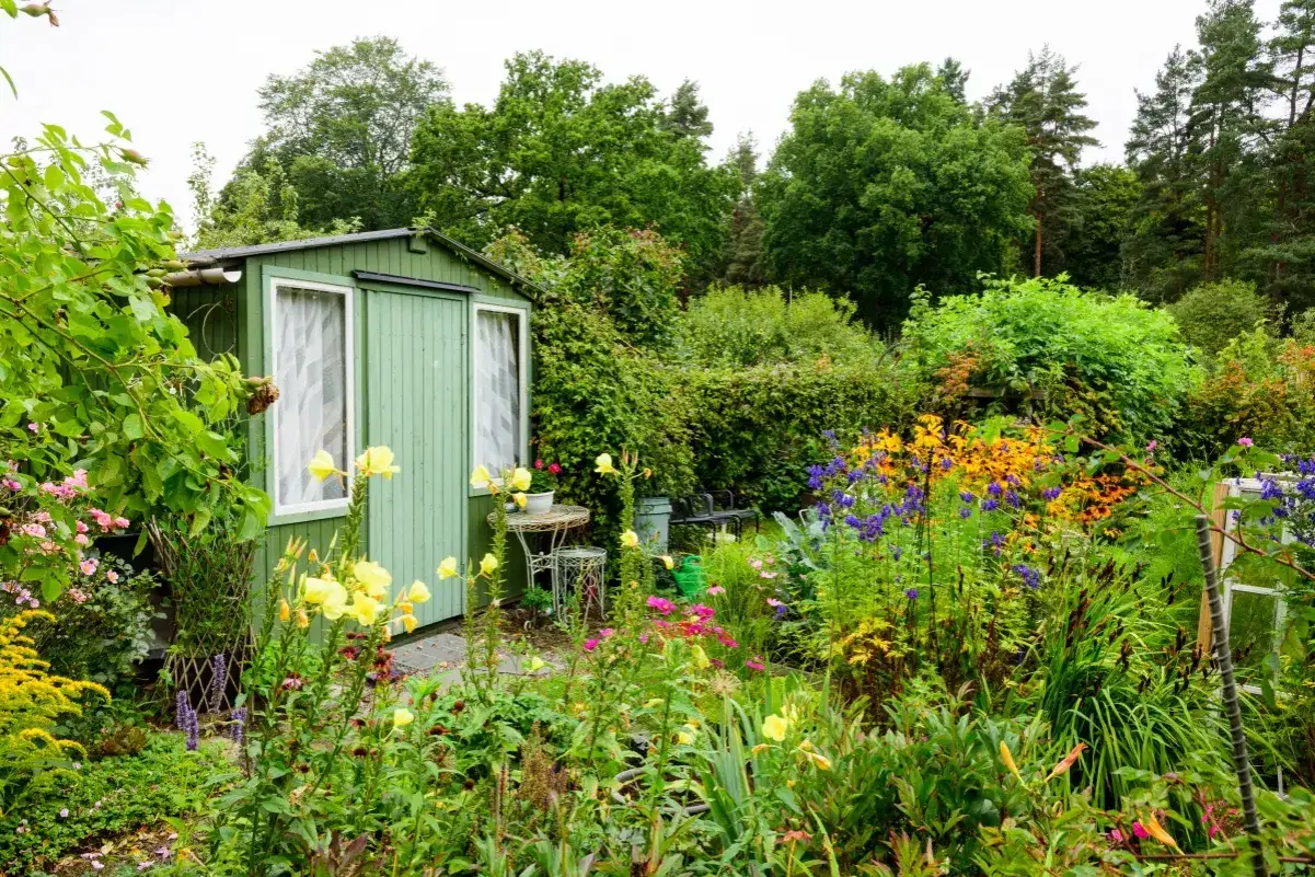 Uroczy ogród z altanką, kwitnące kwiaty i zieleń. Idealne miejsce na sprzedaż działki ROD.