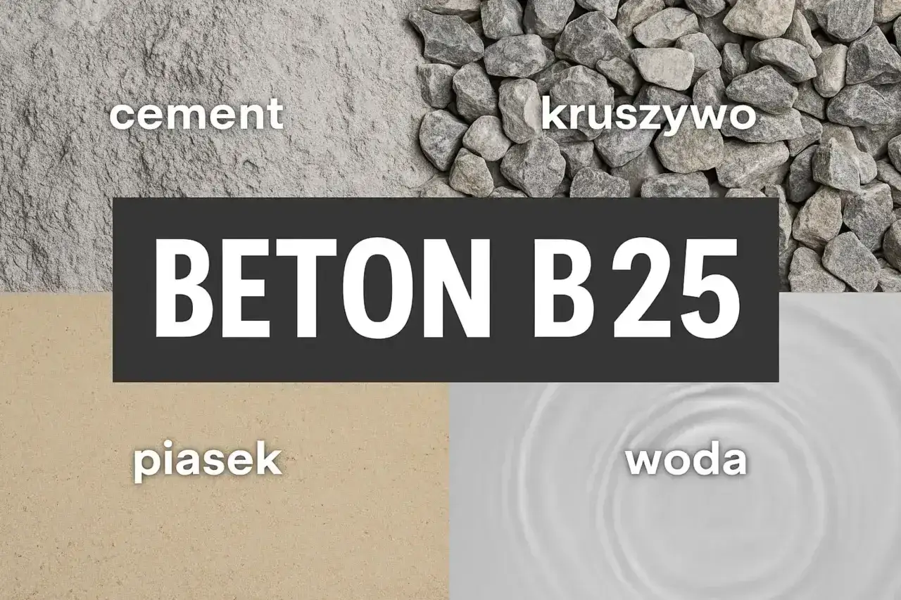 Składniki betonu B25: cement, kruszywo, piasek i woda. Dowiedz się, ile piasku na worek cementu potrzeba.