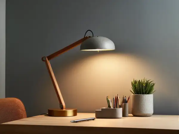 Stylowa lampka biurkowa z drewnianym ramieniem i betonową osłoną, oświetlająca miejsce pracy. Idealna do zadań wymagających precyzji, zapewnia odpowiednią ilość lumenów na m2.