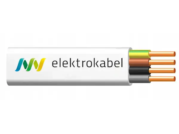 Przekrój kabla elektrycznego marki Elektrokabel z trzema żyłami: żółto-zieloną, brązową i czarną.