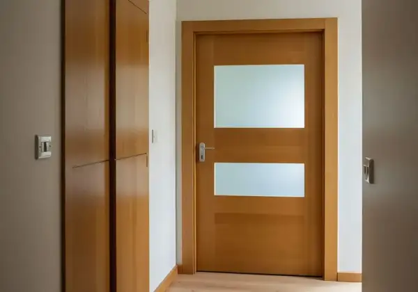 Drewniane drzwi z dwoma przeszkleniami, gotowe do malowania. Obok szafa wnękowa.