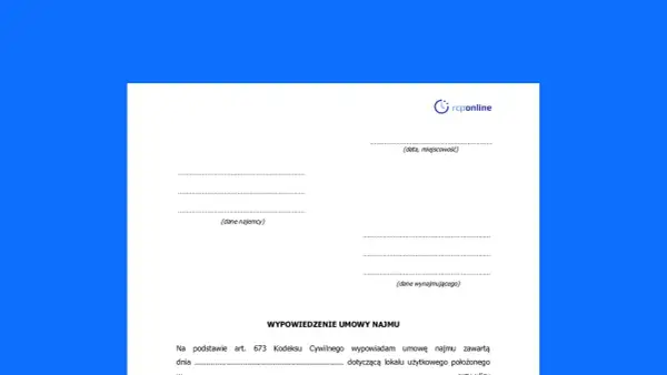 Formularz wypowiedzenia umowy najmu. Od kiedy liczy się okres wypowiedzenia 2 tygodnie? Dokument zawiera pola na dane najemcy, wynajmującego, datę i miejscowość.