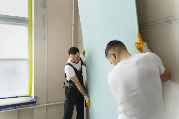 Dwóch budowlańców montuje płyty regipsowe. Jeden z nich przytrzymuje duży, jasnoniebieski arkusz, podczas gdy drugi ustawia go w odpowiednim miejscu.