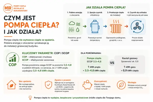 Pompy ciepła – ceny: porównanie efektywności COP/SCOP, oszczędności i ekologii. 1 kWh prądu daje 3,5-4,8 kWh ciepła.