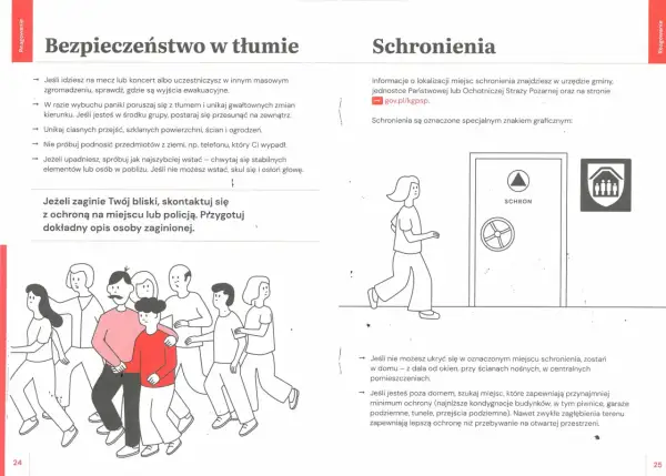 Ilustracja pokazuje ludzi uciekających w panice i znak schronienia. Unikaj tłumu i niebezpieczeństw, pamiętaj o **napięciu krokowym**.