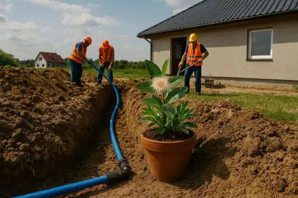Pracownicy realizują projekt przyłącza wody, kopiąc rów, w którym układana jest niebieska rura. W tle dom i kwitnąca roślina w doniczce.
