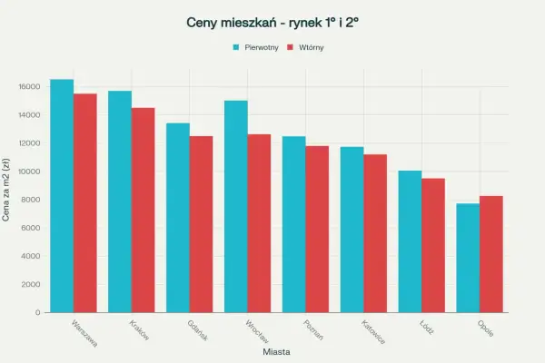 Wykres porównuje ceny mieszkań w różnych miastach Polski. Wrocław plasuje się w środku stawki, z cenami mieszkań na rynku pierwotnym i wtórnym poniżej 13 000 zł/m².