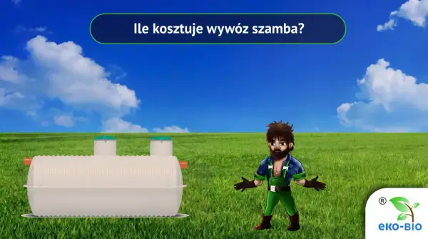 Wywóz szamba - cennik. Postać w zielonym ogrodniczkach obok szamba, na tle łąki i nieba.