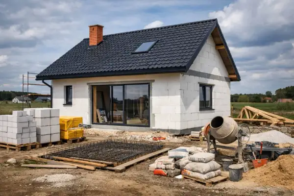 Budowa domu w toku: beton, pustaki, cement i zbrojenie. Poznaj, ile kosztuje budowa domu.