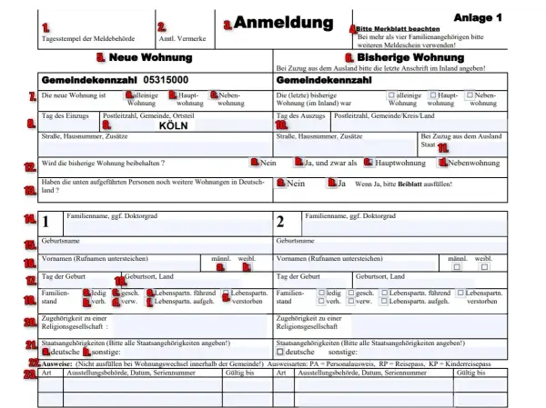 Formular zur Anmeldung einer neuen Wohnung in Köln. Wichtige Felder für meldung tymczasowy.