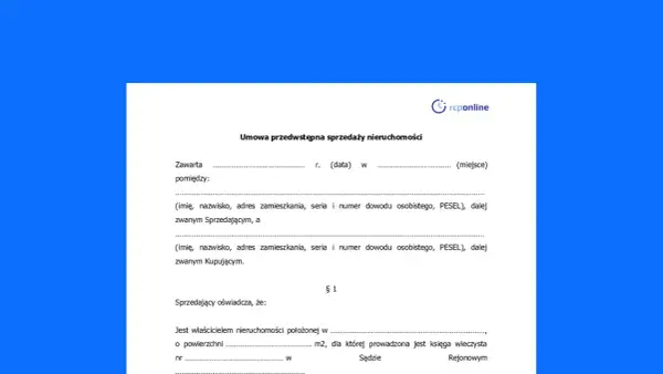 Umowa przedwstępna sprzedaży nieruchomości, zawierająca dane sprzedającego i kupującego, powierzchnię i numer księgi wieczystej.